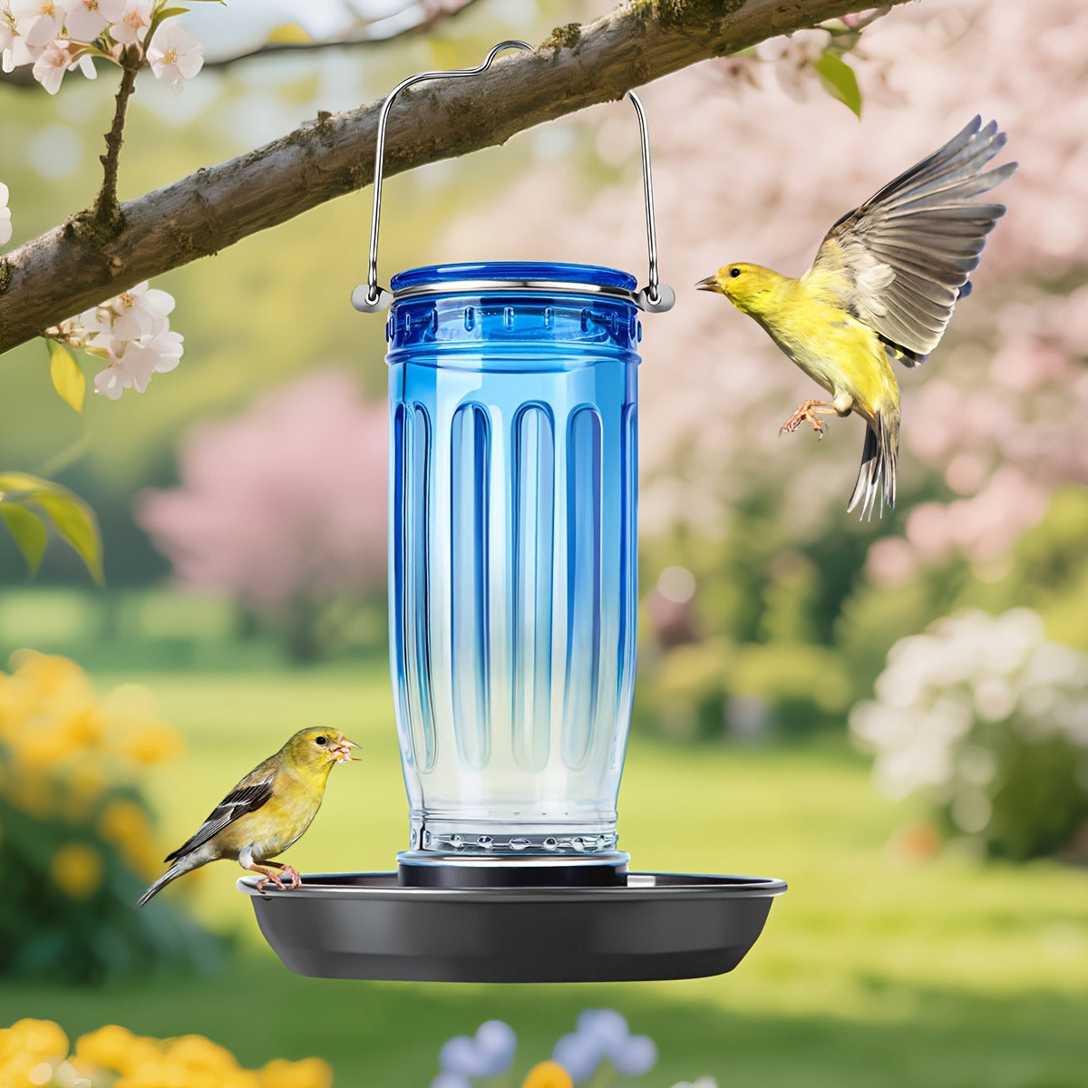 Bird Waterer Outdoor Hanging Glass Wild Bird Water Dispenser with Metal Handle - Gravity Fed Garden Yard Patio Tree Bird Feeder for Cardinals Blue Jays Finches Sparrows Bird Lover Gift