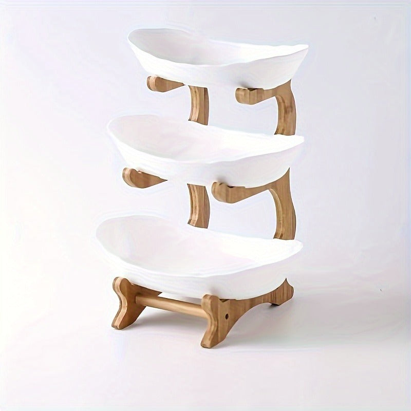 White or Green Countertop Display Stand with Two- or Three-Tier Curved Trays and Wood-Look Supports