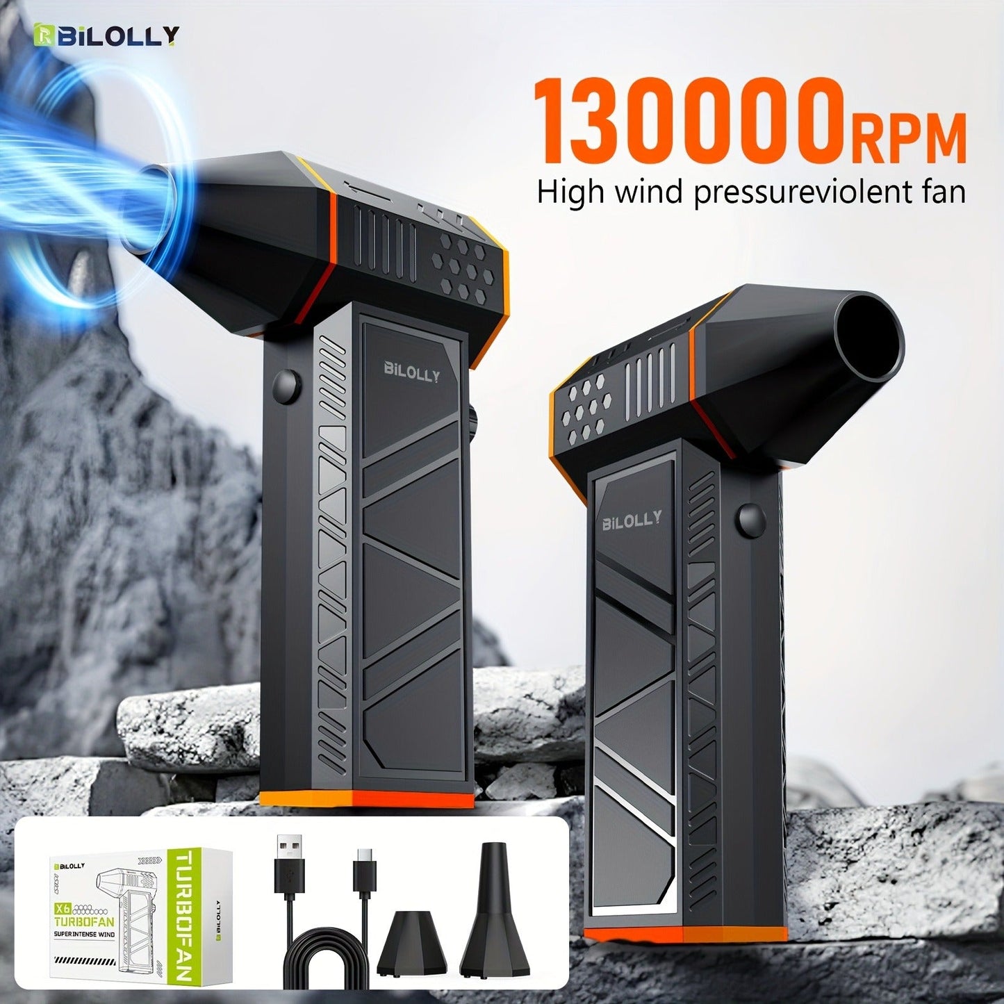 Electric Air Duster 130000RPM Rechargeable Handheld Blower, 3-Speed Wireless Turbine Fan for Computer Keyboard, Car & Home Cleaning — Black & Orange