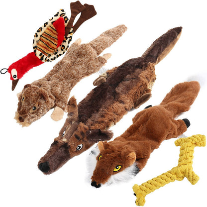 Dog Toys Five-Piece Stuffing-Free Plush Animal Set with Two Squeakers per Toy and Bonus Cotton Rope