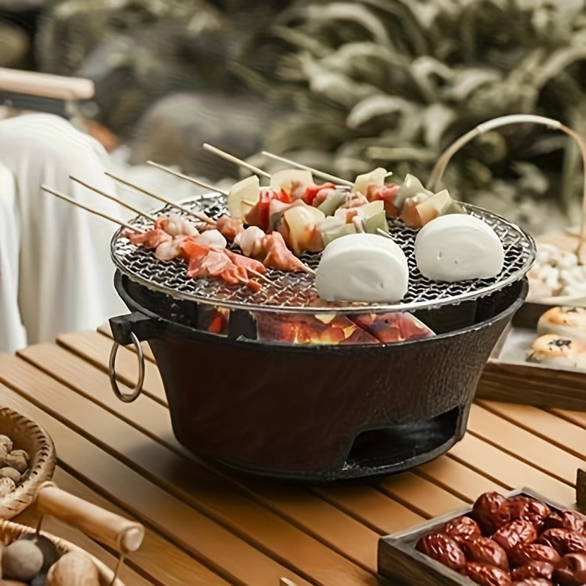Cast Iron Charcoal Grill Round Portable, Mini BBQ Grill with Wooden Board & Stainless Steel Mesh Tray, Compact Tabletop Charcoal Grill for Outdoor Camping, Pizza, Tea Cooking & Family BBQ