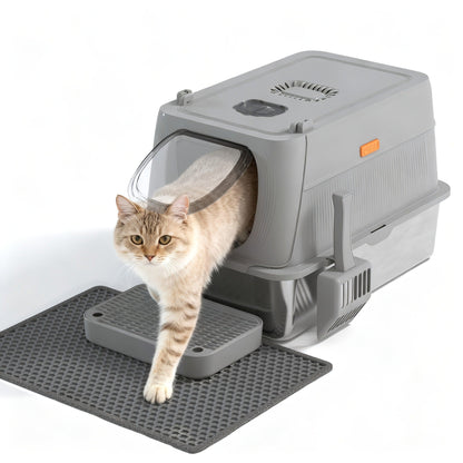 CITYLIFE Cat Litter Box with Stainless Steel Basin, Removable Enclosure, Flap Door, Top Entry, Step and Mat
