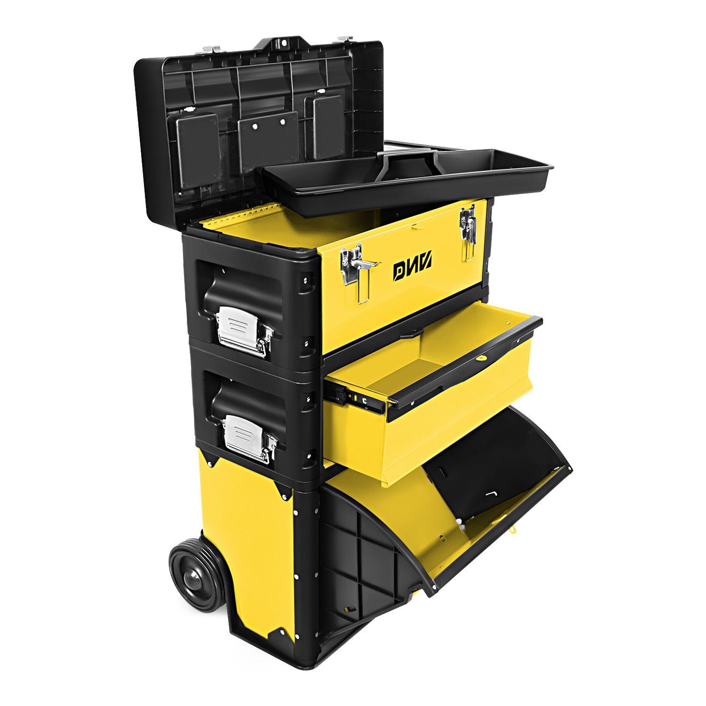Rolling Tool Box 3-Tier Stackable Portable Toolbox with Wheels 19.5x12x28.5 Inch Steel PP 3-in-1 Detachable Compartments Metal Latches Extendable Handle for Home Workshop Garage Job Site