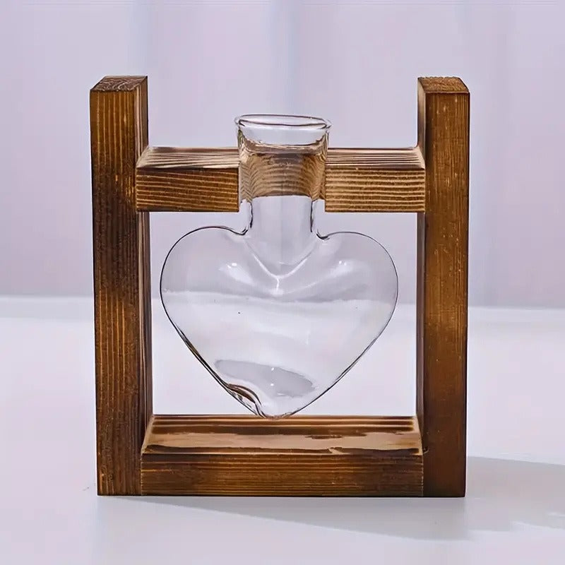 Heart-Bottle Propagation Vase with Wooden Frame in Single, Double or Triple Glass Vessel Options