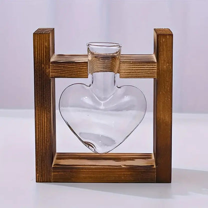 Heart-Bottle Propagation Vase with Wooden Frame in Single, Double or Triple Glass Vessel Options