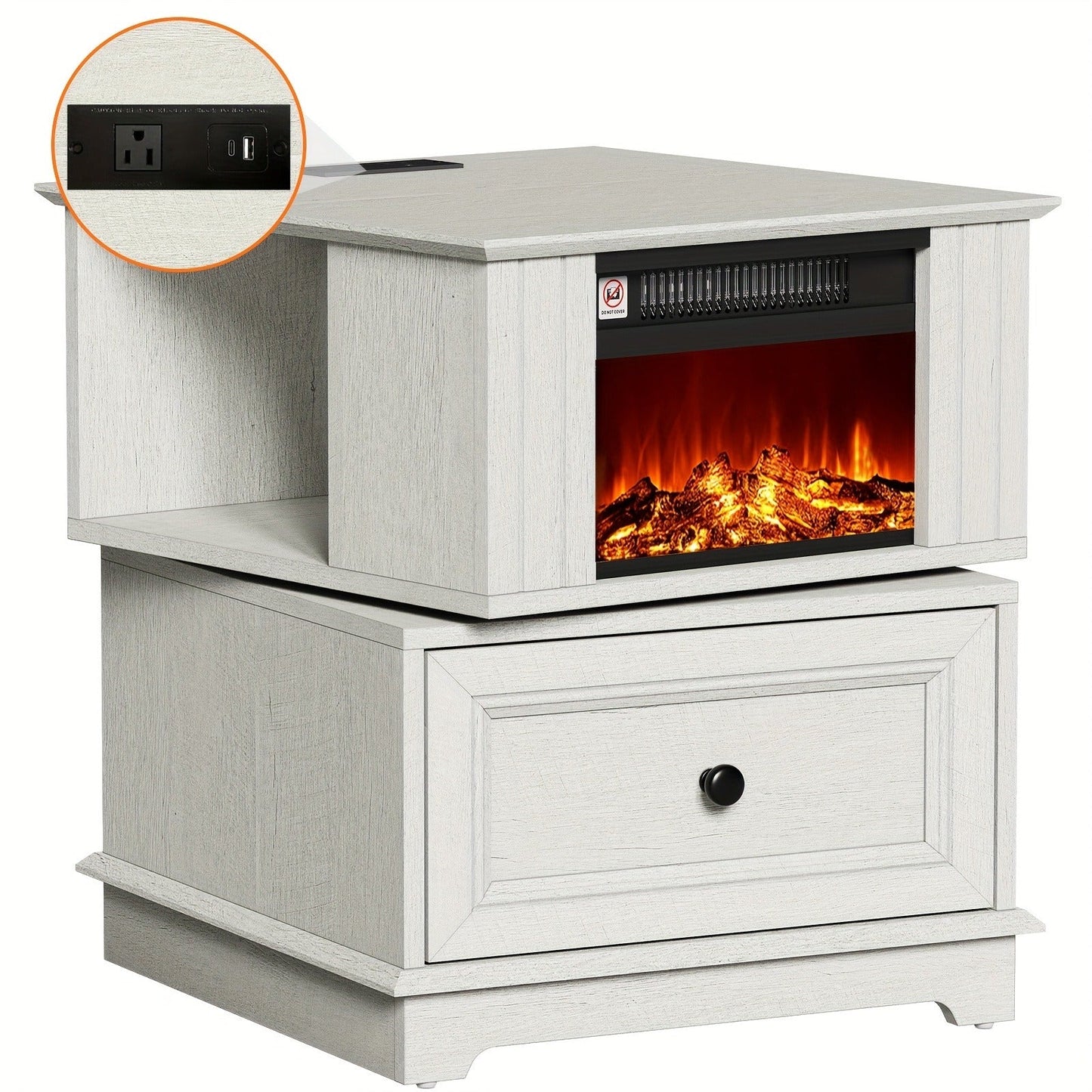 Electric Stove Heater End Table Rotatable Fireplace Side Table 1400W 4800 BTU Indoor Heater with Storage Cabinet Nightstand Overheat Protection