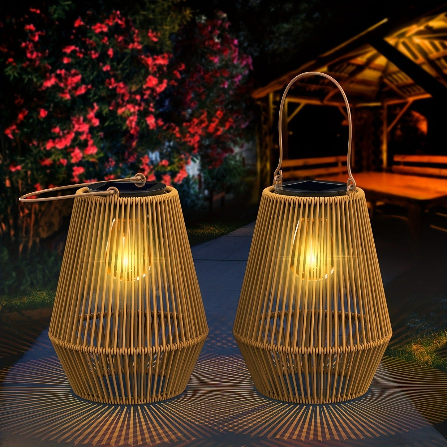 Solar Outdoor Lights Bohemian Bamboo Hanging Lanterns, Warm White, 1/2/4 Piece Sets for Patio Decor