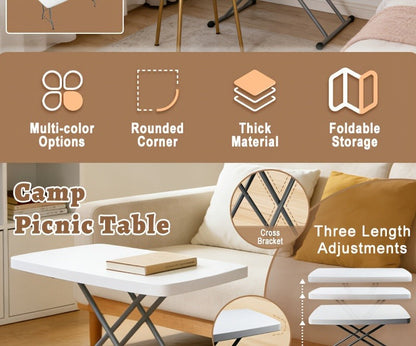 Folding Table 4ft and 6ft White Plastic Top with Black Metal Legs, Carry Handle and Adjustable Height