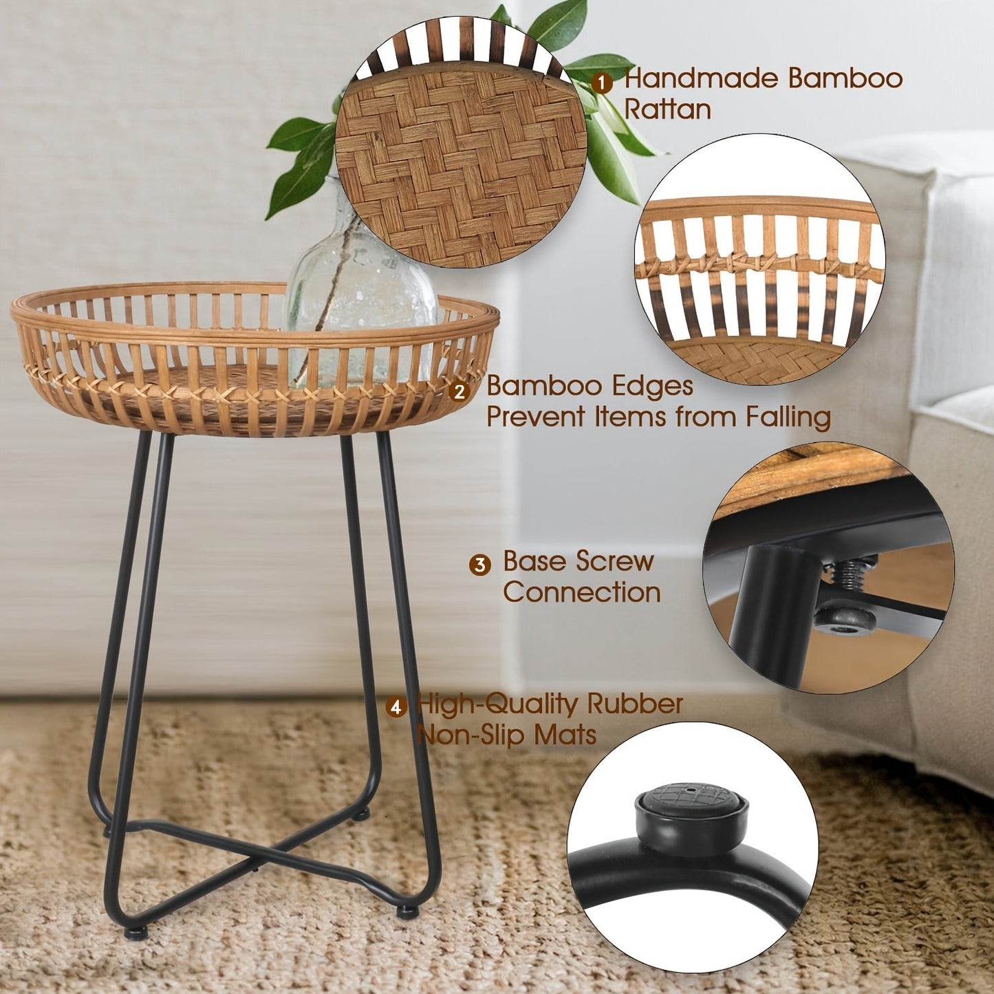 Rattan Side Table Nesting Tables Set of 2 Round Boho End Table Natural Bamboo Woven Coffee Table Metal Base for Living Room Bedroom Sofa Terrace