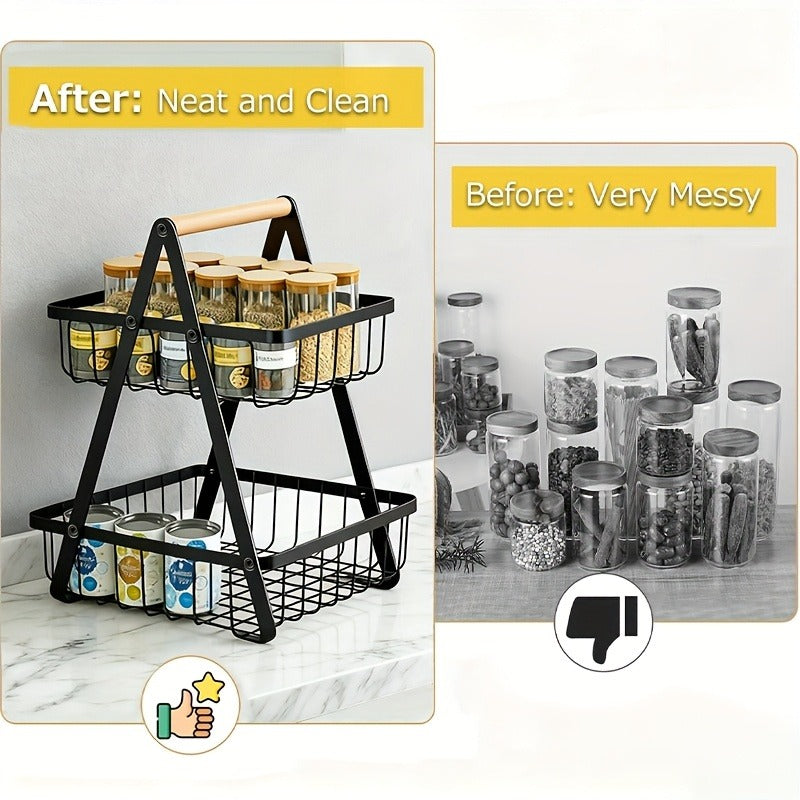 Tiered Fruit Basket with Removable Wooden Handles – 2 or 3 Tier Metal Kitchen Counter Organizer for Produce, Bread & Snacks