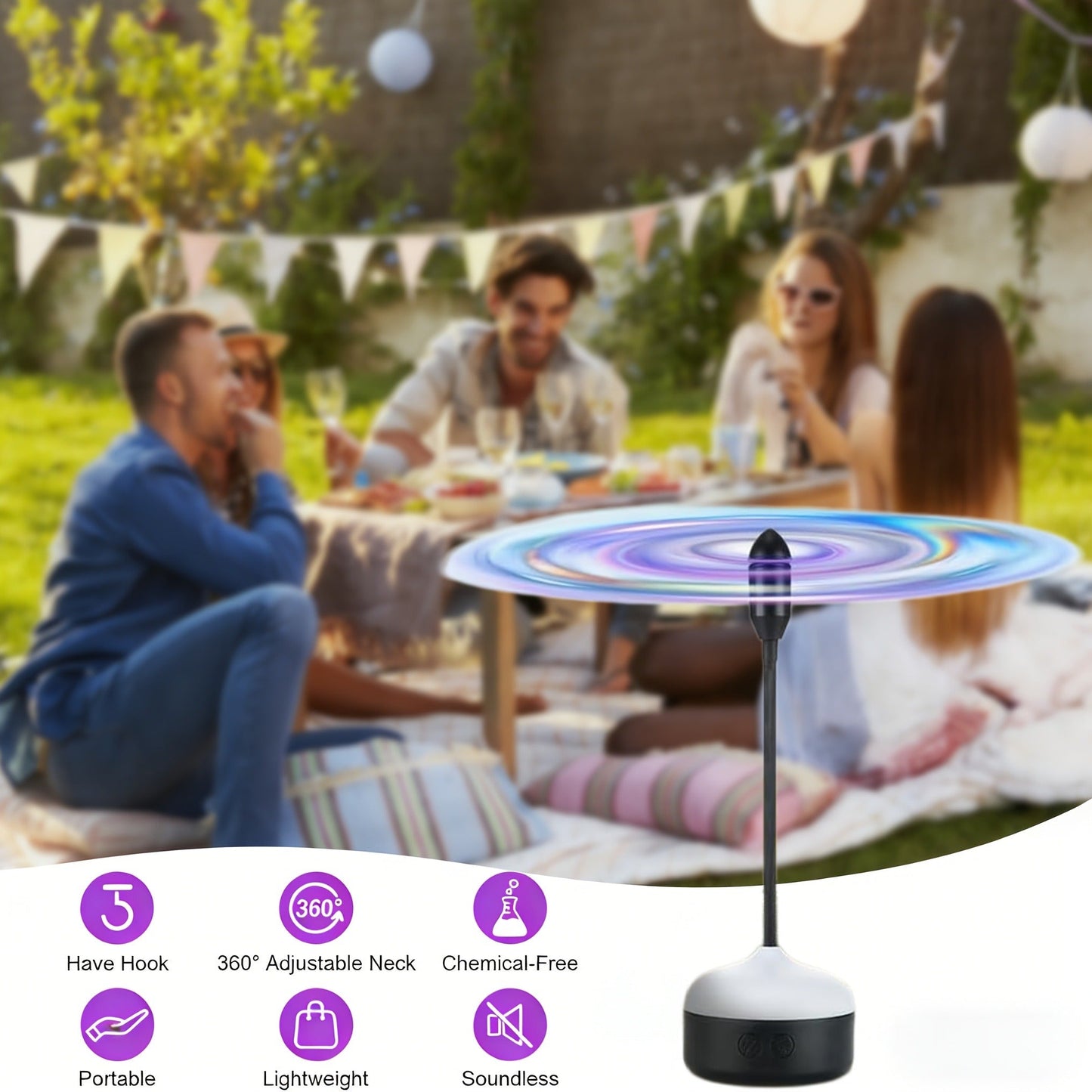 Desktop Reflective-Blade Fan Pest Control Device with Amber Light, Flexible Neck and USB Power for Tabletop Use