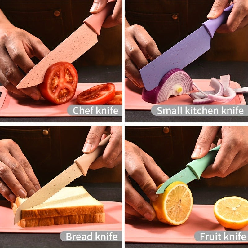 Kitchen Knife Set 7 Piece Stainless Steel Ergonomic Wheat Straw Handle with Cutting Board – Portable Camping Travel Chef Knives for Home Restaurant Outdoor Cooking Gift