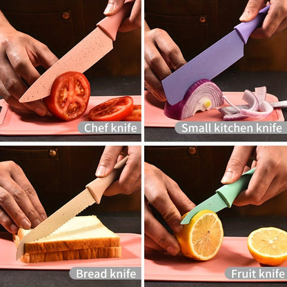 Kitchen Knife Set 7 Piece Stainless Steel Ergonomic Wheat Straw Handle with Cutting Board – Portable Camping Travel Chef Knives for Home Restaurant Outdoor Cooking Gift