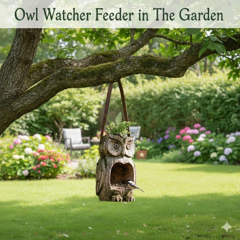 Rustic Owl-Shaped Hanging Bird Feeder and Planter with Open Front, Carry Strap and Hollow Log-Style Body