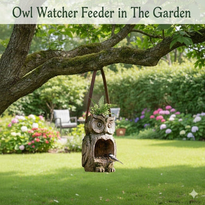 Rustic Owl-Shaped Hanging Bird Feeder and Planter with Open Front, Carry Strap and Hollow Log-Style Body