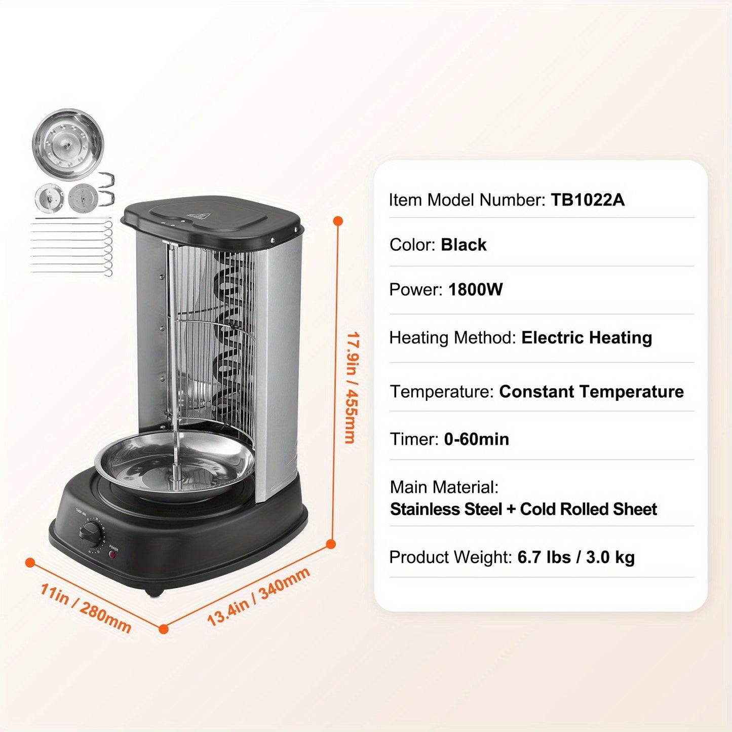Vertical Shawarma Grill Machine, Electric Gyro Rotisserie Oven with Countertop Broiler, Doner Kebab & Chicken Shawarma Cooker for Home Kitchen, Restaurant & Parties