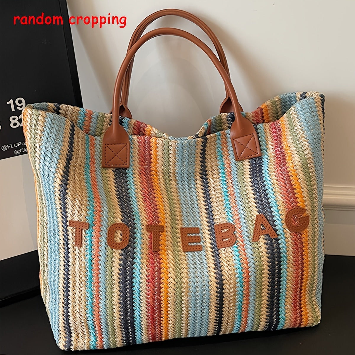 Striped Woven Tote Bag with Letter Detail, Open Top and Black, Green or Brown Handle Options