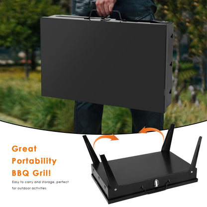 Portable Folding Charcoal Grill with Hood, Raised Grate, Side Vents and Compact Black Steel Body