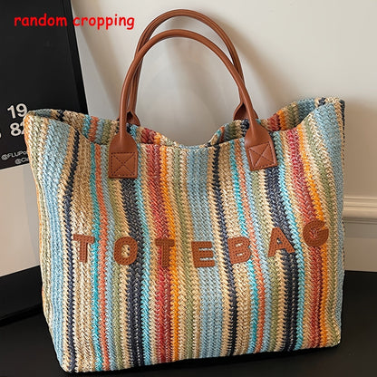 Striped Woven Tote Bag with Letter Detail, Open Top and Black, Green or Brown Handle Options