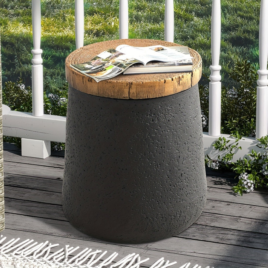 Outdoor Side Table 17-Inch Concrete Design with Wood-Look Finish in Black, Hourglass or Small Options