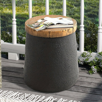 Outdoor Side Table 17-Inch Concrete Design with Wood-Look Finish in Black, Hourglass or Small Options