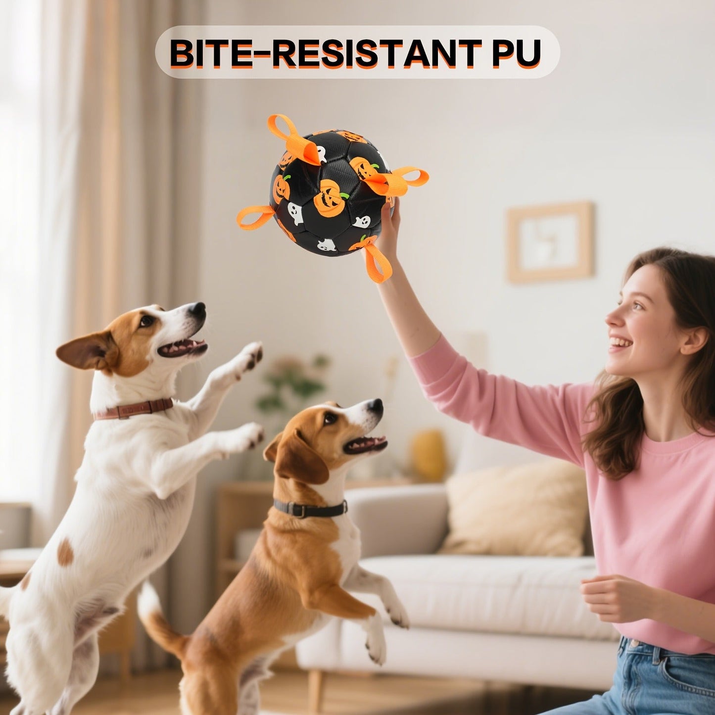 Dog Toy Halloween Pumpkin-Ghost Football with Pump, Strap and 6 or 7.28-Inch Size Options for Dogs