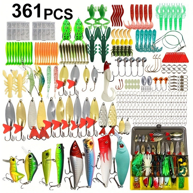 Fishing Lure Kit Tackle Set with Tackle Box – Minnow Baits, Spoon Lures, Soft Worm Baits, Frog Soft Bait, Jig Heads & Rigs – 110pcs / 252pcs / 361pcs Mixed Color Assortment for Bass Trout Pike