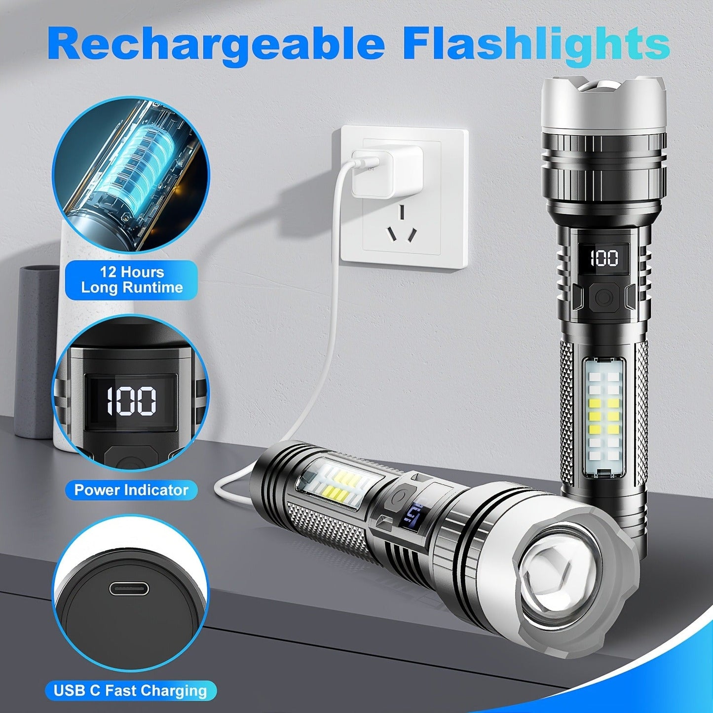 Flashlight 2000-Lumen 2-Pack with Five Modes, COB Side Light, Type-C Charging and Power Display