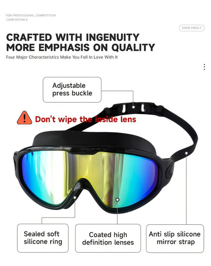 Swimming Goggles Set 6-in-1 with Case & Waterproof Bag - UV Protection Iridescent Coated PC Lens, Silicone Strap, PU Swim Cap, Nose Clip & Earplugs Included, Wide View Swim Goggles for Adults & Youth