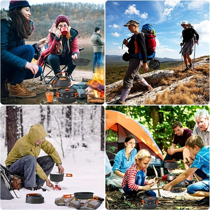 Camping Cookware Set, Aluminum Pot, Frying Pan and Kettle Kit with Folding Handles, Cutlery and Carry Bag