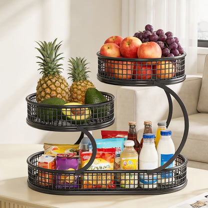 Countertop Fruit Bowl 3-Tier Round Metal Wire Stand | Kitchen Storage Organizer for Fruits Vegetables Bread Snacks | Space-Saving Produce Rack