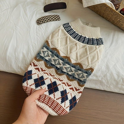 Cable Knit Dog Sweater Turtleneck - Thick Warm Winter Pet Pullover with Fair Isle Pattern, Cozy Cold Weather Knitwear for Small Medium Large Dogs & Cats, Outdoor Dog Clothes XS-XL, Beige & Blue