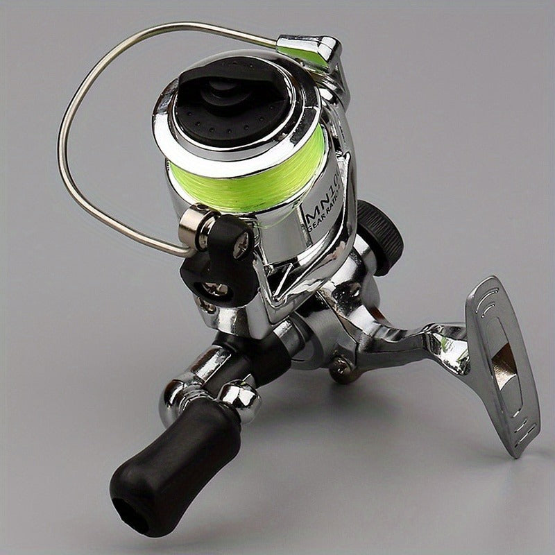 Mini Spinning Fishing Reel with Folding Handle, Green Line Spool and Compact 9 x 9 x 8 cm Profile