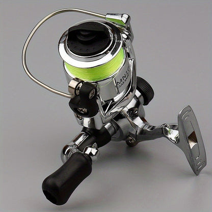 Mini Spinning Fishing Reel with Folding Handle, Green Line Spool and Compact 9 x 9 x 8 cm Profile