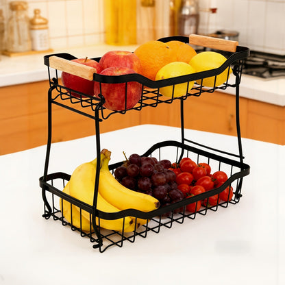 Fruit Basket with Banana Hook, 2 & 3 Tier Metal Stand, Removable Tiers, Wooden Handle, Kitchen Countertop Organizer for Fruits, Vegetables & Bread