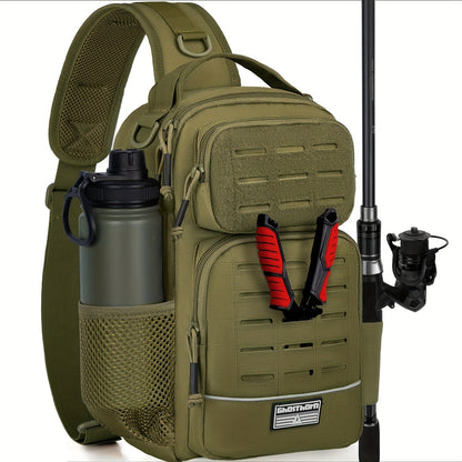 Camouflage Fishing Shoulder Bag with Six Checkout Options, Multi-Pocket Layout, Rod Holder and Bottle Pocket
