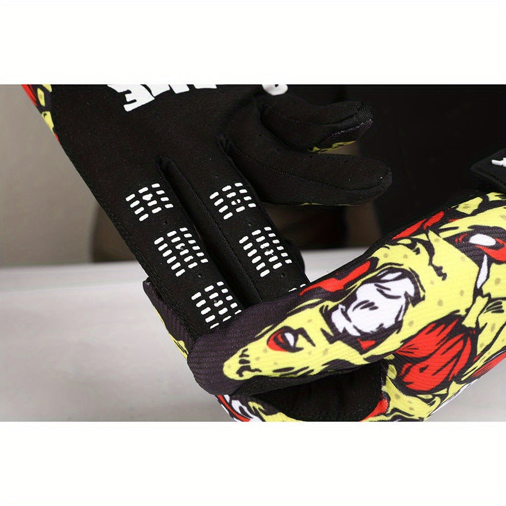 Printed Full-Finger Motocross Gloves with Black Palms, Wrist Closures, Blue or Yellow in M to XL