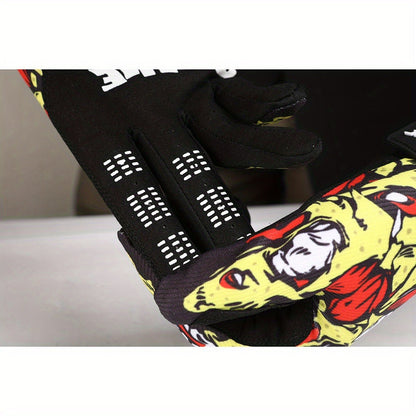 Printed Full-Finger Motocross Gloves with Black Palms, Wrist Closures, Blue or Yellow in M to XL