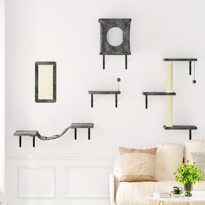 Five-Piece Wall-Mounted Cat Furniture Set with Open Perches, Suspended Bridge and Enclosed Cube