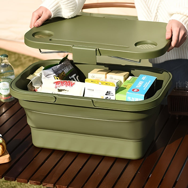 Picnic Basket Foldable with Detachable Table – Large Capacity Portable Camping Storage Basket with Handle, Multifunctional Outdoor Organizer Box for Hiking, Beach & Backyard, Green & Khaki