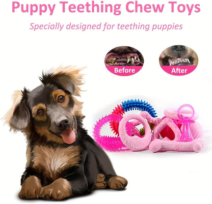 Dog Toy Pink Puppy Chew Bundle with Textured Toothbrush Shapes and Balls in Random 5 or 8 Pieces
