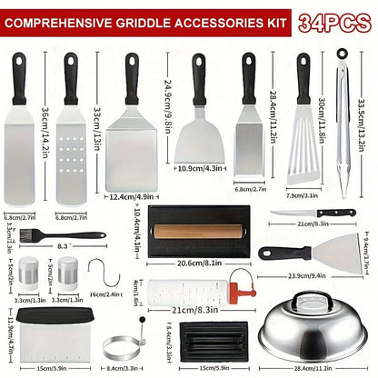 BBQ Tool Set Stainless Steel Grill Accessories Kit with Meat Thermometer Teppanyaki Press Board for Outdoor Camping Home Kitchen Party