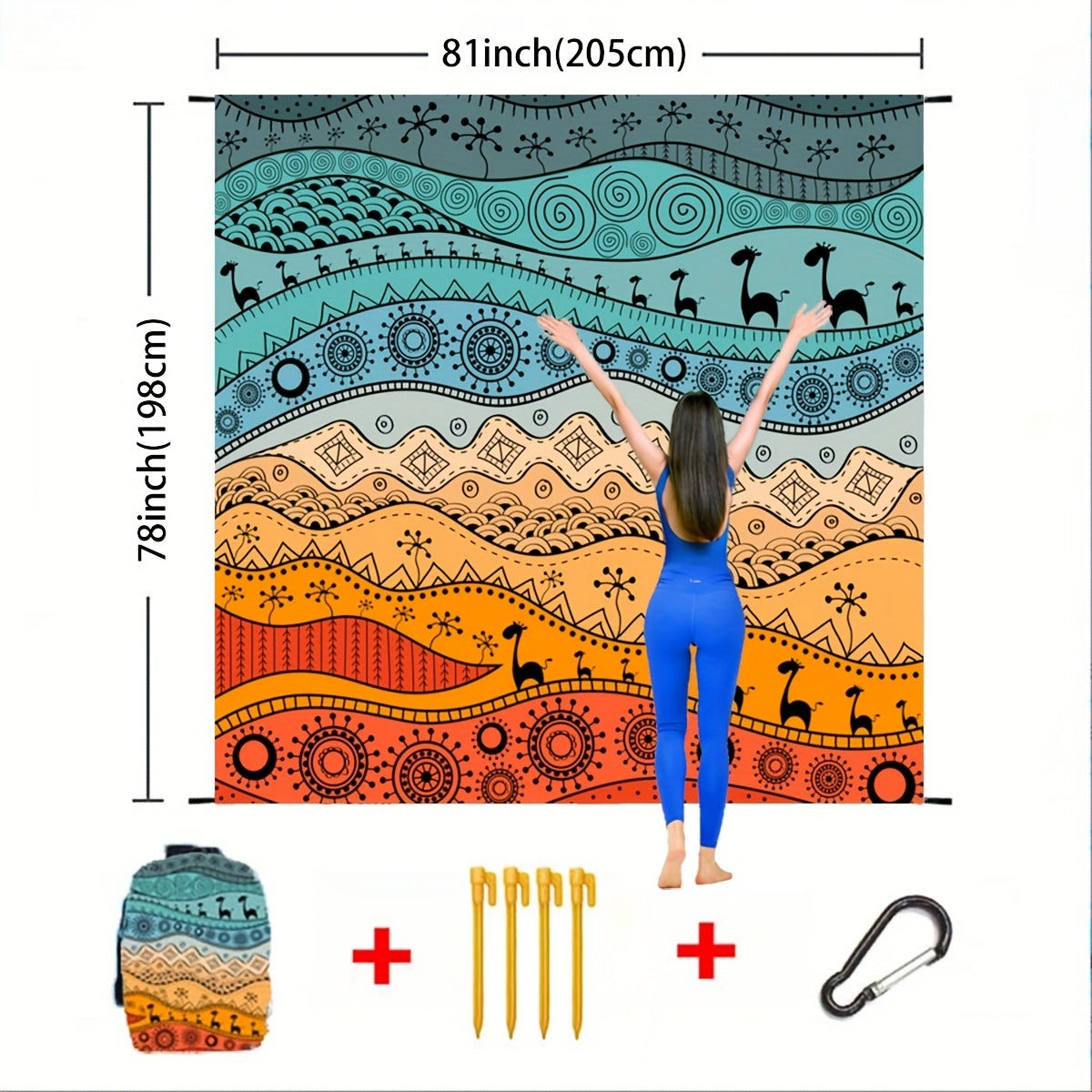 205 x 198cm Picnic Blanket with Orange, Aqua and Black Bohemian Animal Print and Matching Zip Carry Bag