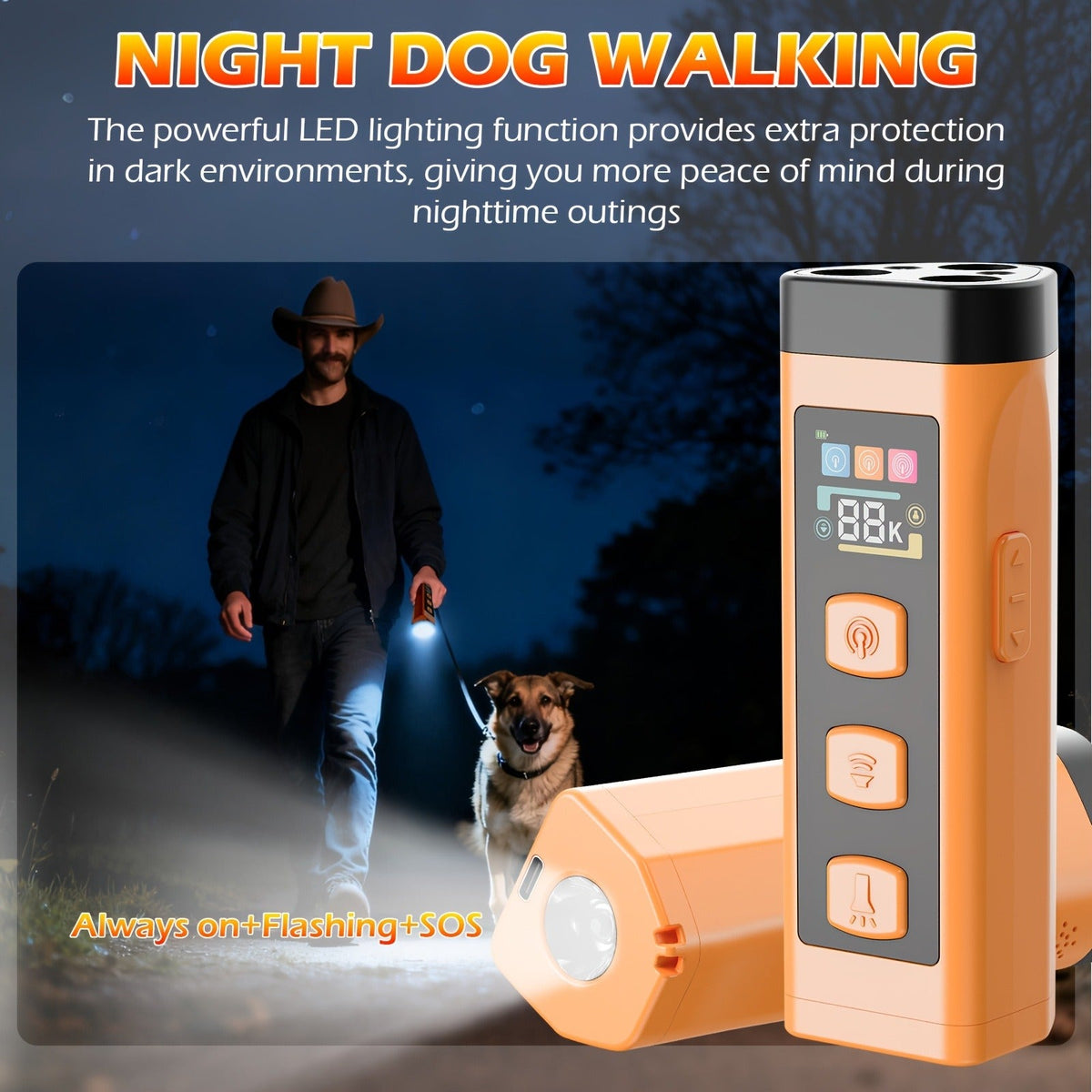 Orange Rechargeable Triple-Emitter Ultrasonic Dog Training Aid with Display, Light and Wrist Strap