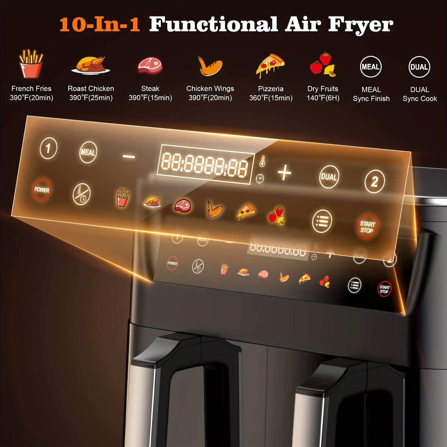 10Qt Dual-Basket Air Fryer with Two Viewing Windows, Sync Controls, Touch Panel and 50 Paper Liners