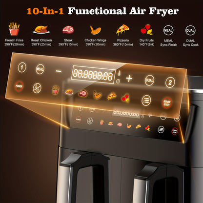 10Qt Dual-Basket Air Fryer with Two Viewing Windows, Sync Controls, Touch Panel and 50 Paper Liners