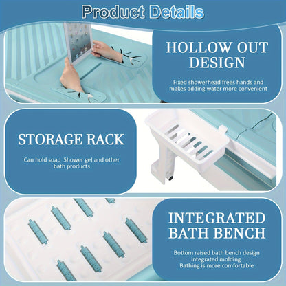 Rectangular Collapsible Adult Soaking Tub in Blue with Rigid Folding Frame, Thermal Cover and Drain Hose