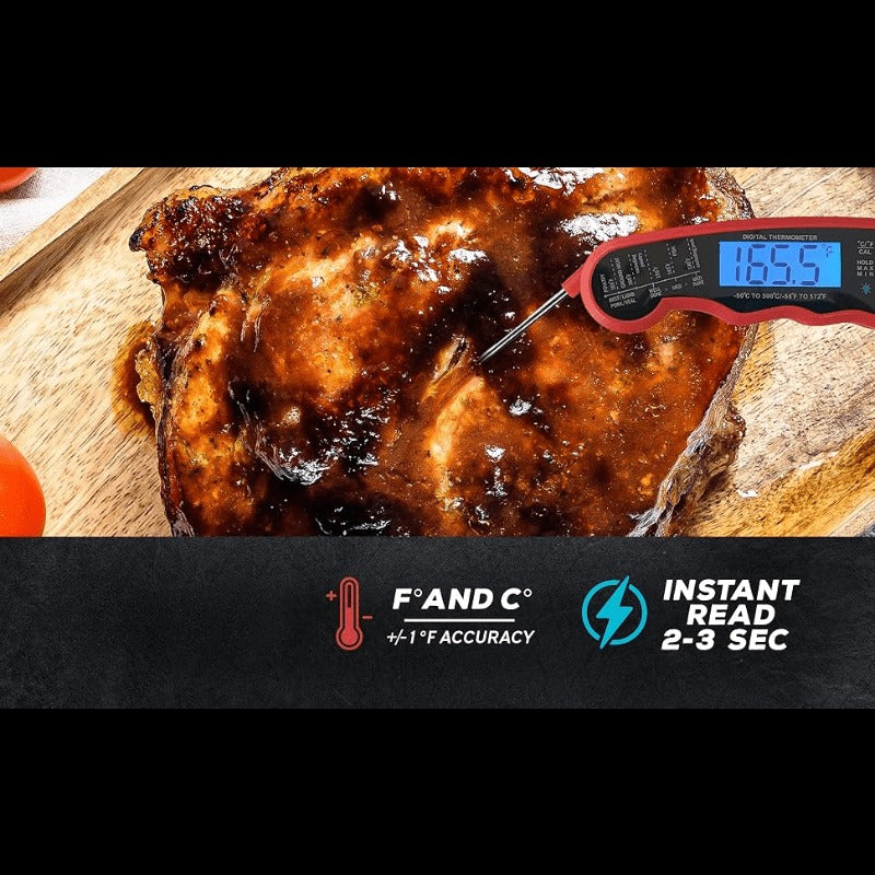 Red and Black Folding Digital Food Thermometer with Backlit Display, Calibration Mode, Unit Switch and Hanging Loop