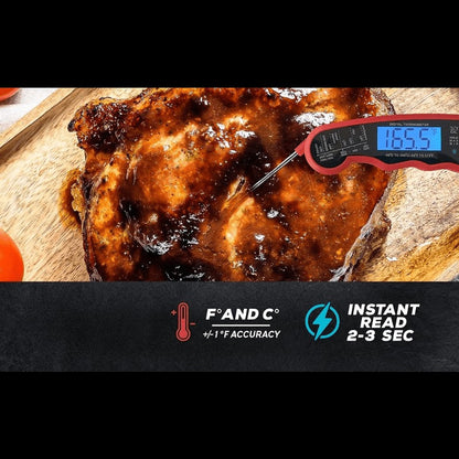 Red and Black Folding Digital Food Thermometer with Backlit Display, Calibration Mode, Unit Switch and Hanging Loop