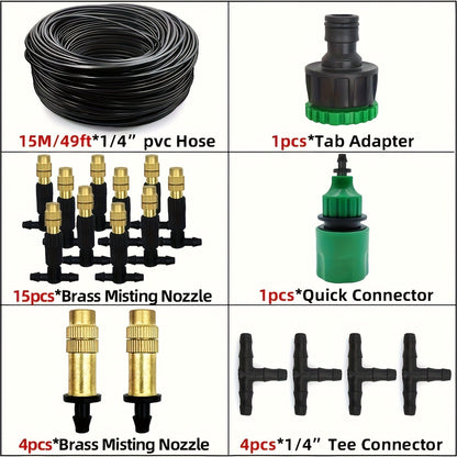 Outdoor Misting Cooling System 15m - 1/4" Brass Nozzles, 4/7mm Hose, Patio Garden Greenhouse